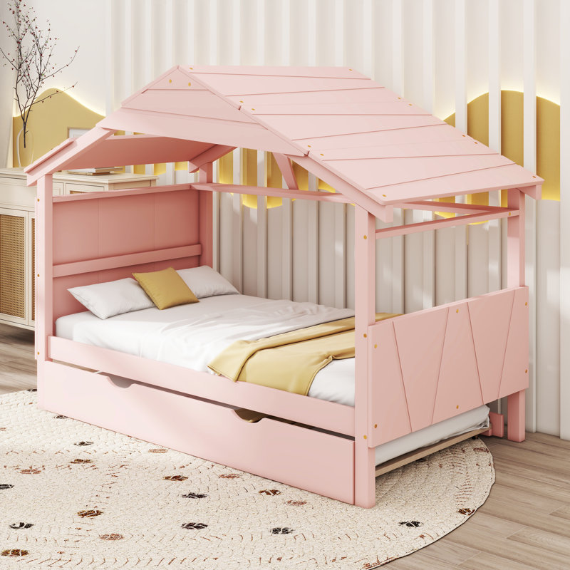 Lit gigogne en bois avec rangement Jaylyn, Rose, Double