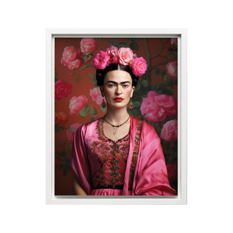 Portrait floral Frida Kahlo, Canvas, 18"H x 24"W, White Framed
