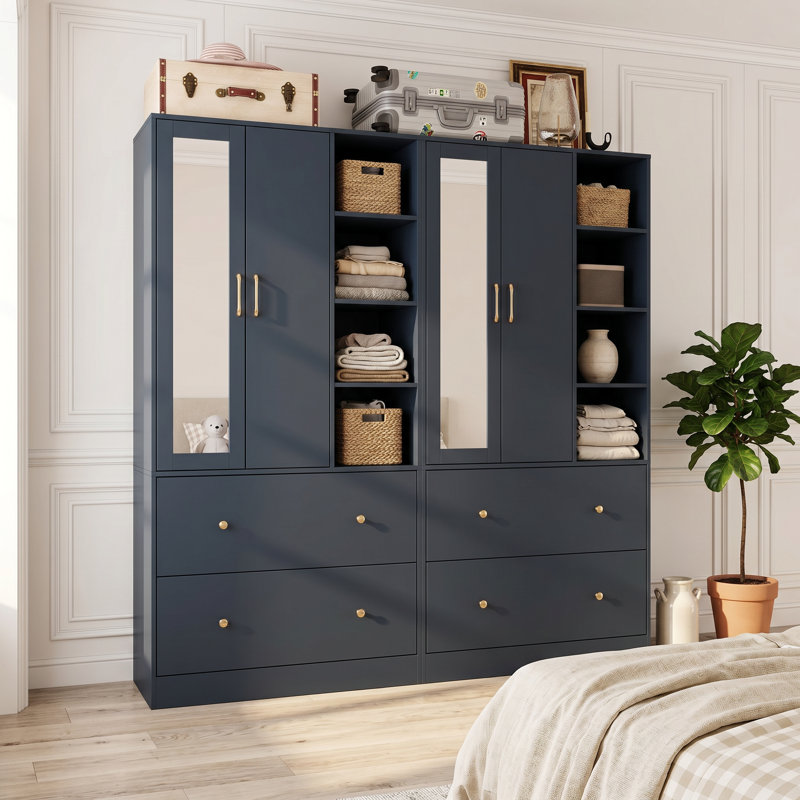 Armoire 4 tiroirs avec miroir Malieka, Bleu