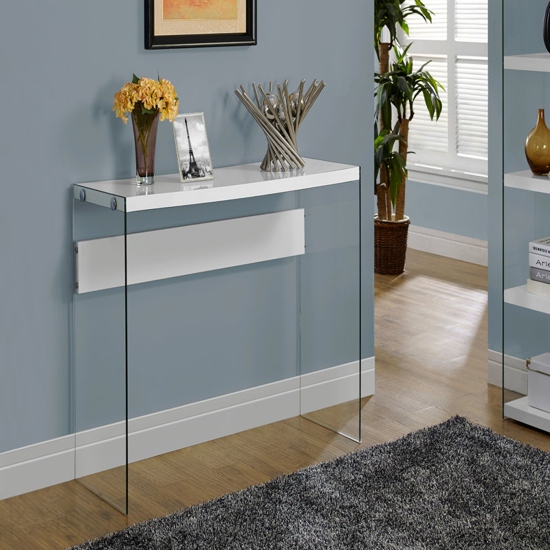 Accent Console Table, Glossy Laminate, Clear Glass for Living Room - White