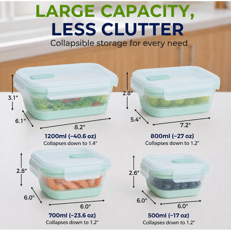 Ensemble de 8 boîtes de conservation alimentaire pliables en silicone, carrées et rectangulaires, avec couvercles hermétiques à fermeture à pression.