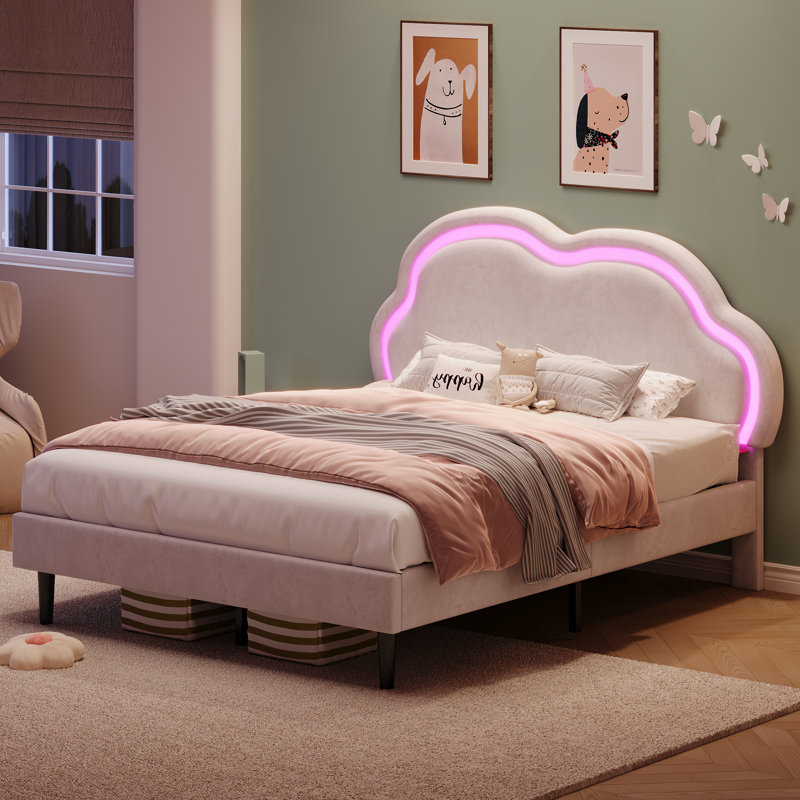 Upholstered Bed With Adjustable  Headboard Velvet, Double (4'6), White