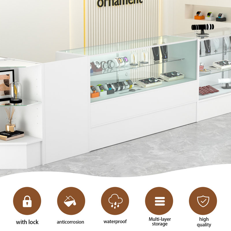70" W X 18" D X 38" H - Glass Display Cabinet For Retail -Black Full Vision Display Showcase With Led Lights And Storage Space