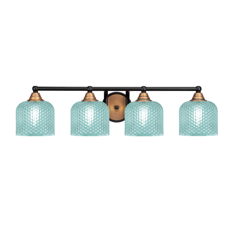 Verre turquoise 6 po Allexus, Noir mat / laiton, Quatre lumières, H 7,5 po x l 31 po x P 8 po