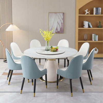 59.05"Modern Artificial  Stone Dining Table With 31.5" Round Turntable With Wood And Metal Exquisite Pedestal With 8 Pcs Chairs .