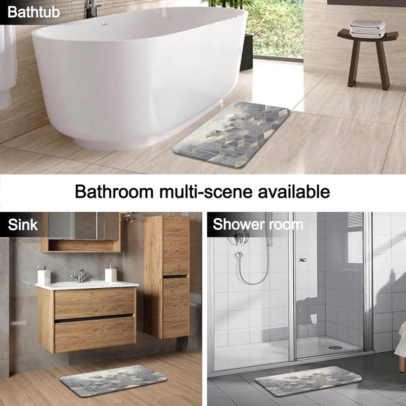 4 Piece Grey Gold Geometric Tile Bathroom Mat Kit