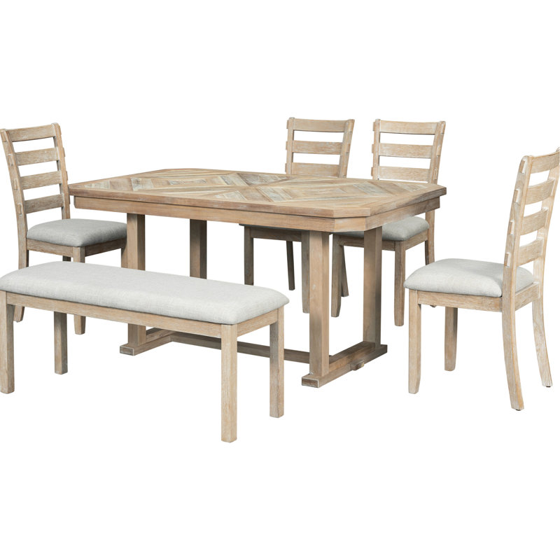 6 tables de salle à manger avec plateau - beau motif artistique gris grain de bois transparent et chaises rembourrées