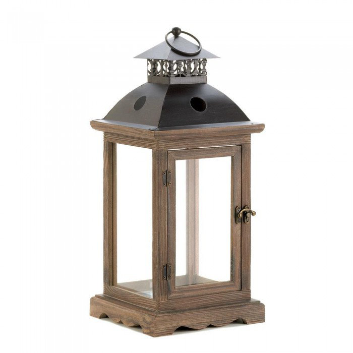 Rustic Brown Wood and Black Metal Hanging Candle Lantern