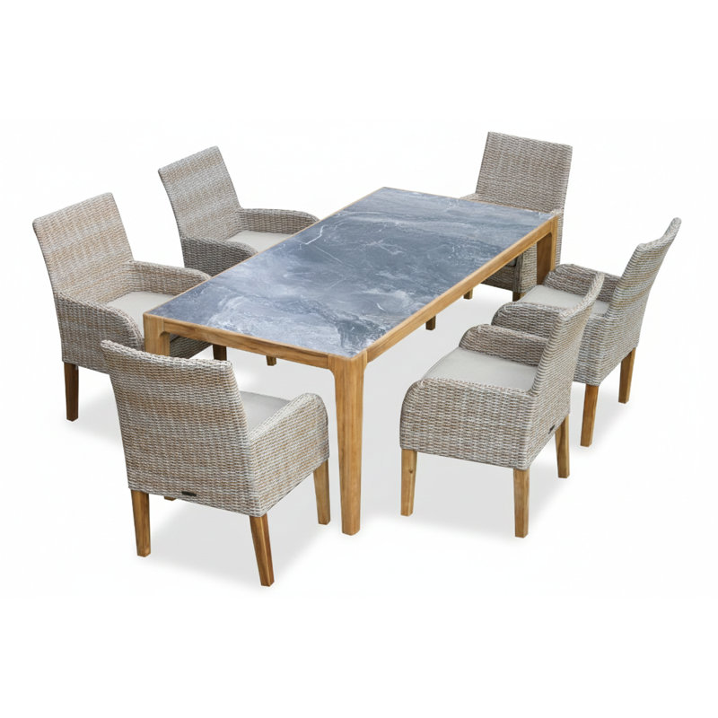 Akiva 7 pièces Table de salle à manger en teck et en pierre frittée grise avec chaises en osier de frêne