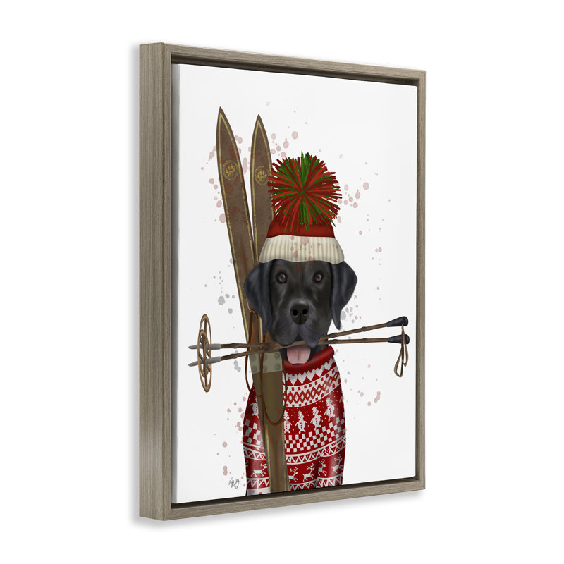 «Black Labrador Skiing» par Fab Funky, Cadre flottant orme Montalcino, H 31 po x l 25 po