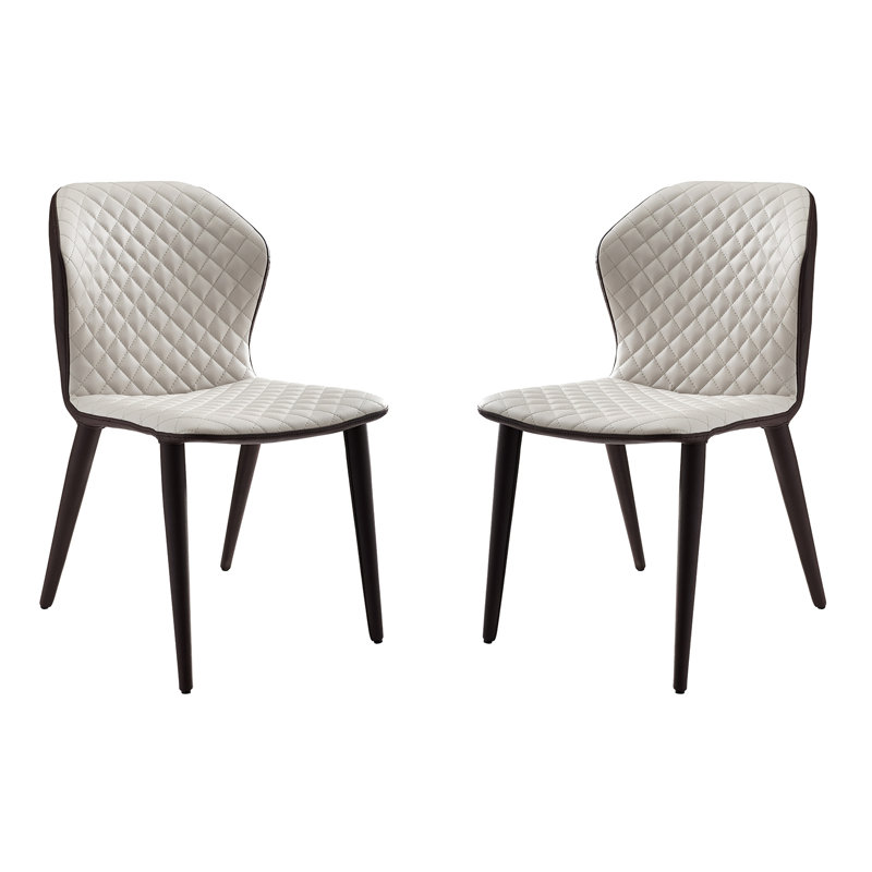 Beige Quilted PU Leather Upholstered Side Chairs with Dark Wood Legs