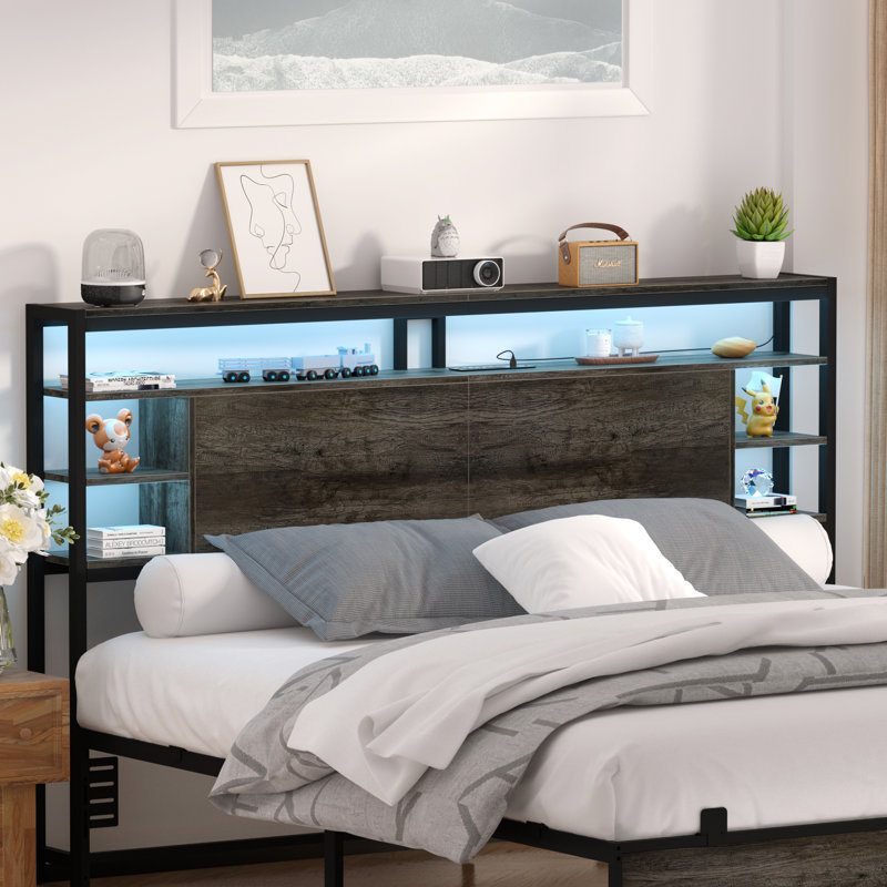 Storage Headboard With LED Lights And Charging Station, King, Gray