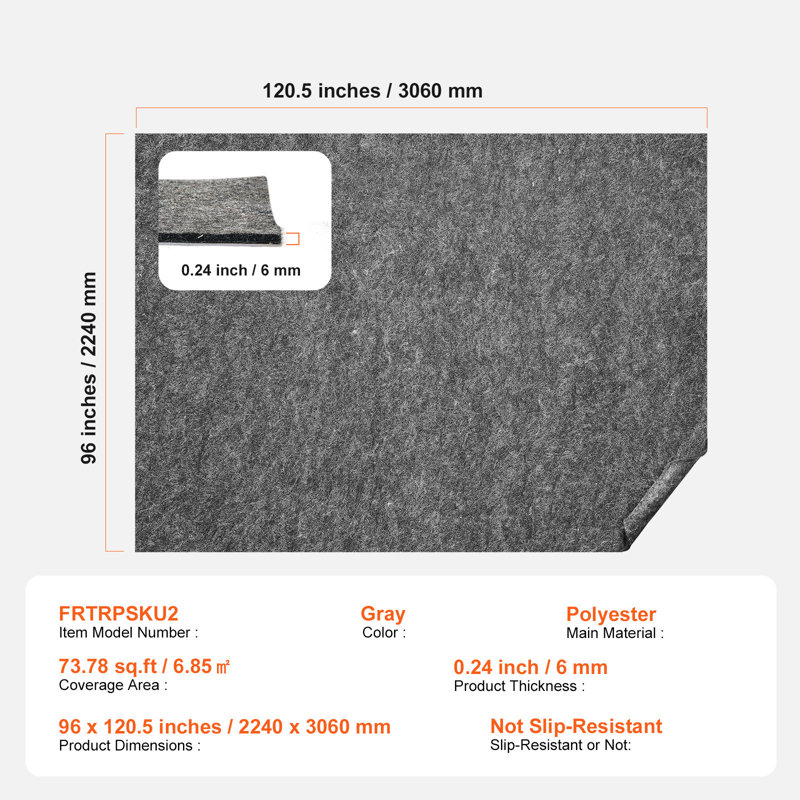 Sous-tapis antidérapant, 244 x 305 cm, 6 mm d'épaisseur, 100 % feutre de polyester pur, 7 à 8 m², confort optimal sous les pieds, sous-tapis protecteur pour tous types de sols, gris