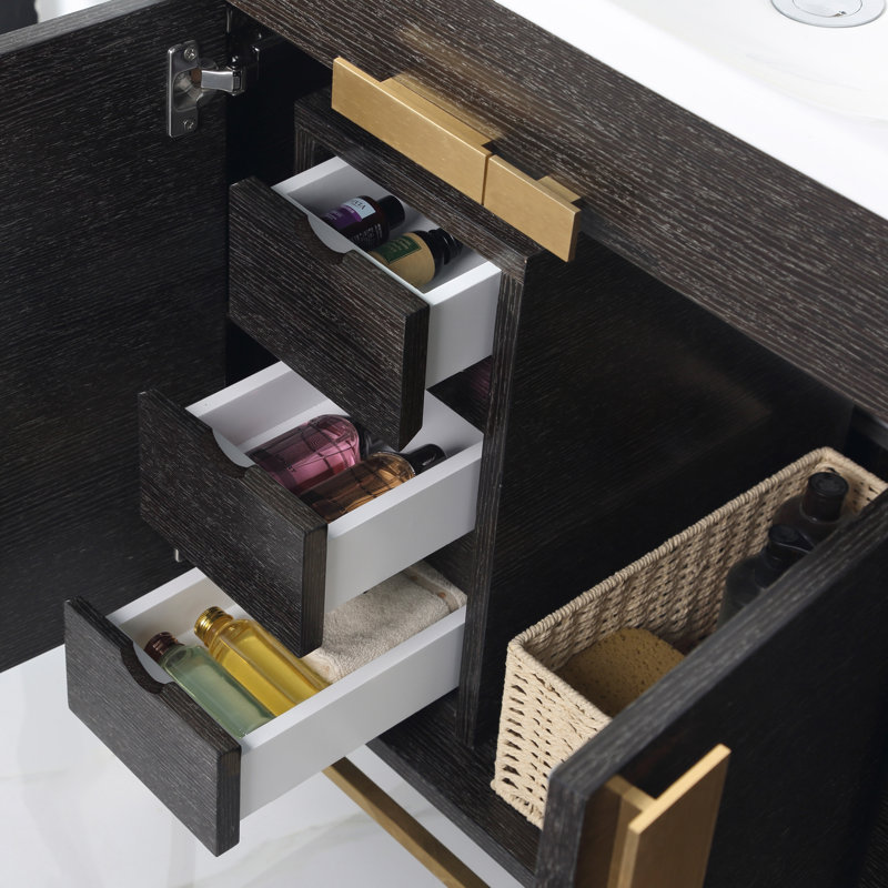 Maisie 48'' Single Bathroom Vanity with Ceramic Top, Black Straight Grain, Satin Brass