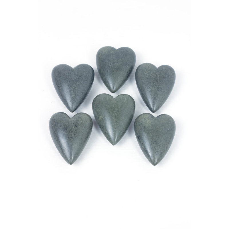  Cœurs de pierre sculptés à la main - ensemble de six accents gris foncé de 3 po de largeur, gris