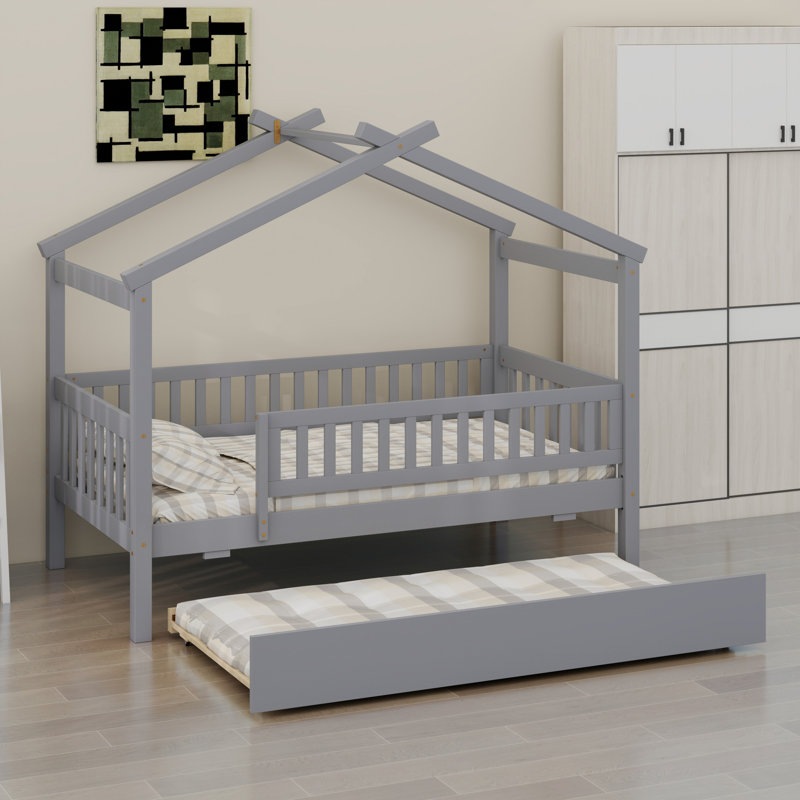 Lit maison avec lit gigogne, parfait pour les chambres partagées, Gris