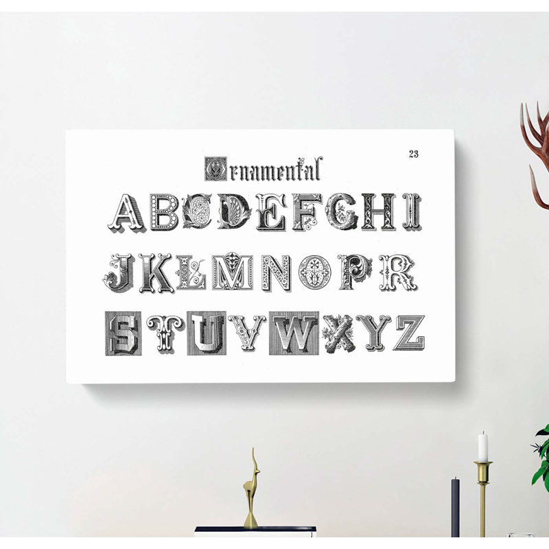 Ornamental Font Alphabet - Wrapped Canvas Typography Print - Wrapped Canvas, 50cm H x 76cm W x 3cm D