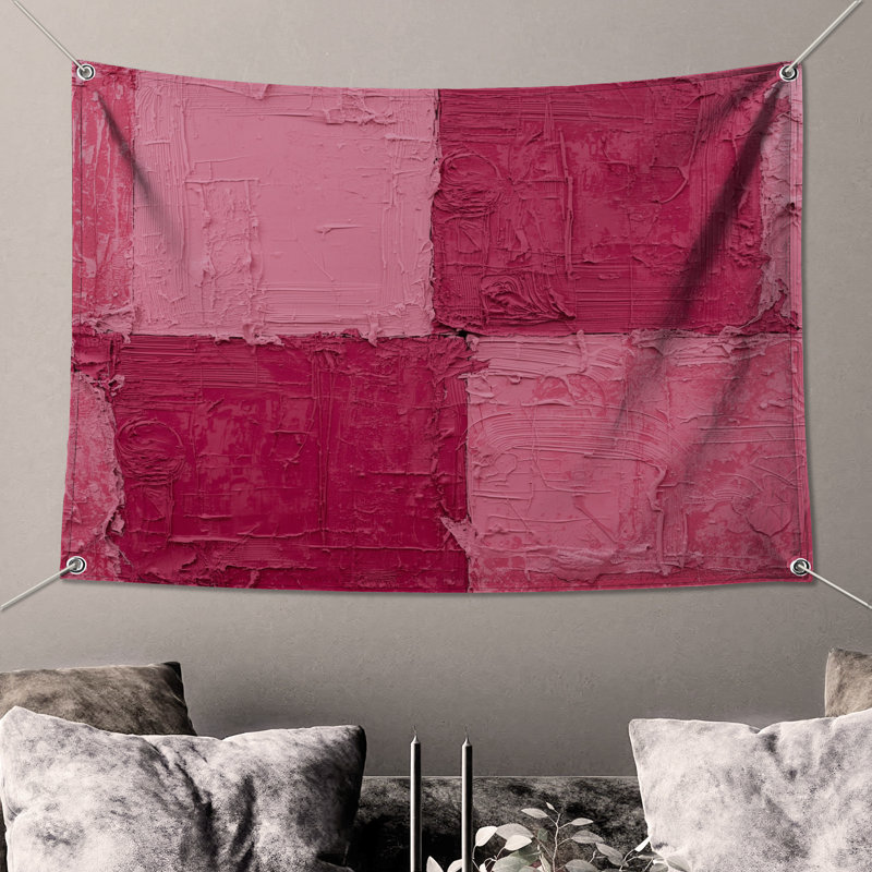 Tapisserie murale texturée carrés roses texturés, H 68 po x l 80 po avec 4 œillets
