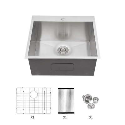 Évier à lessive - Évier de service de salle de lavage de 22 po x 22 po à cuve simple encastrable en acier inoxydable de calibre 16 avec profondeur de 12 pouces de profondeur