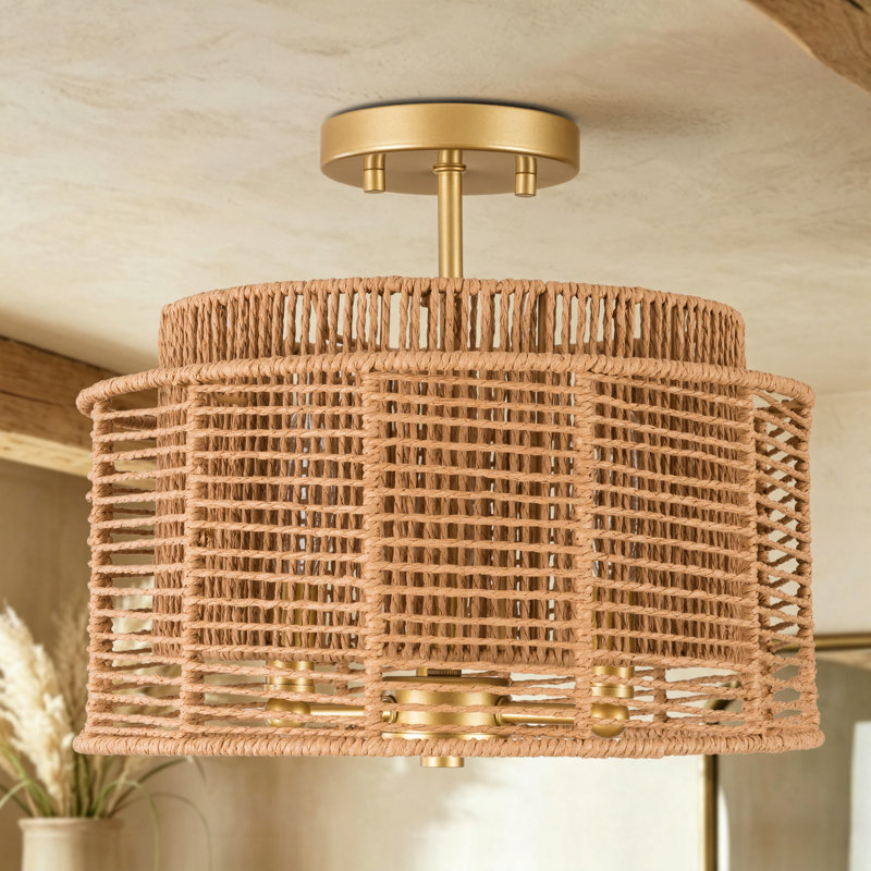 13''-3 Lights  Brushed Gold Boho/Natural Farmhouse Paper Rope Unique / Statement Dimmabled ETL Semi-Flush Mount For Bedroom/Bedroom/Hallways/Entryway