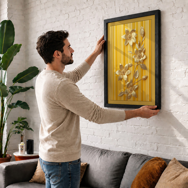 Daffodils Against Stripes Botanical - Framed Print, Black, A3 - 42.0 x 29.7 cm