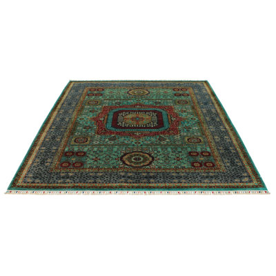6x8 Green and Gray Turkish Tribal Rug