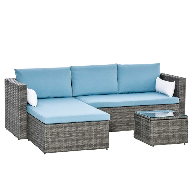 Ensemble de conversation modulaire en rotin 3 pièces avec coussins, Bleu