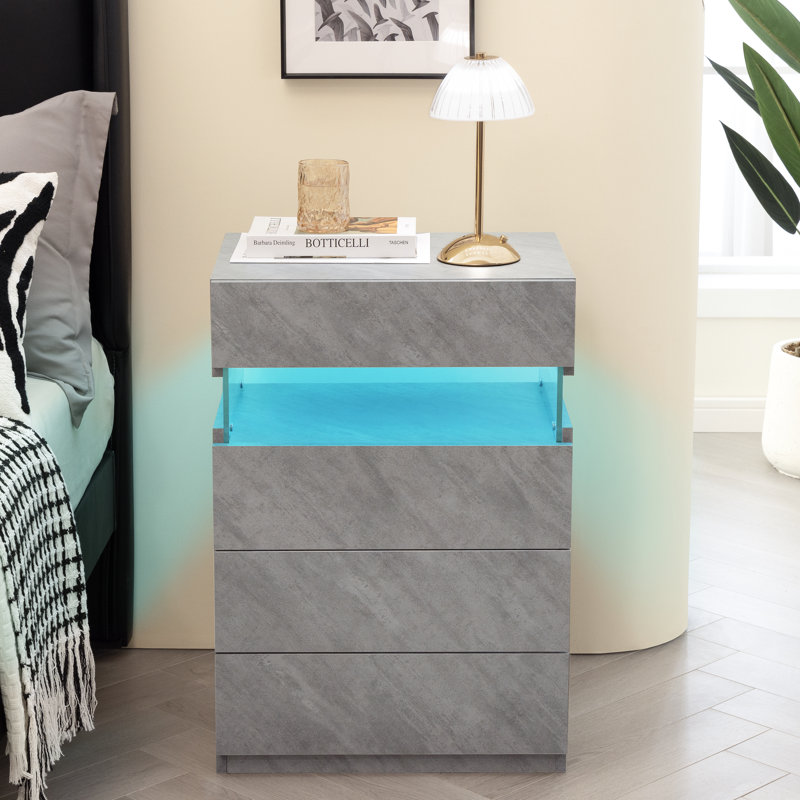 Mekiya Modern Style LED Nightstand with 4 Storage Drawers, Gray, Set of 2