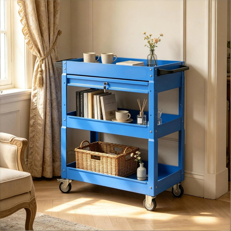 Chariot utilitaire roulant à 3 niveaux avec tiroir verrouillable, organisateur de rangement pour atelier mobile avec roulettes et poignée