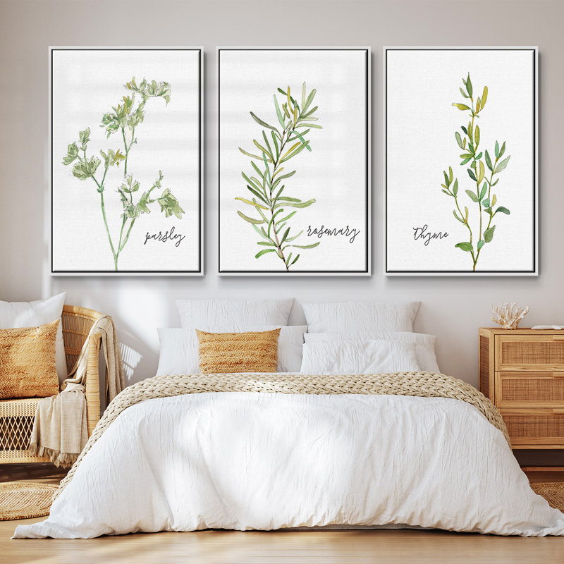 Fresh Sprig Persil, ensemble de 3 pièces encadrées sur toile, Cadre blanc, H 27 po x l 54 po