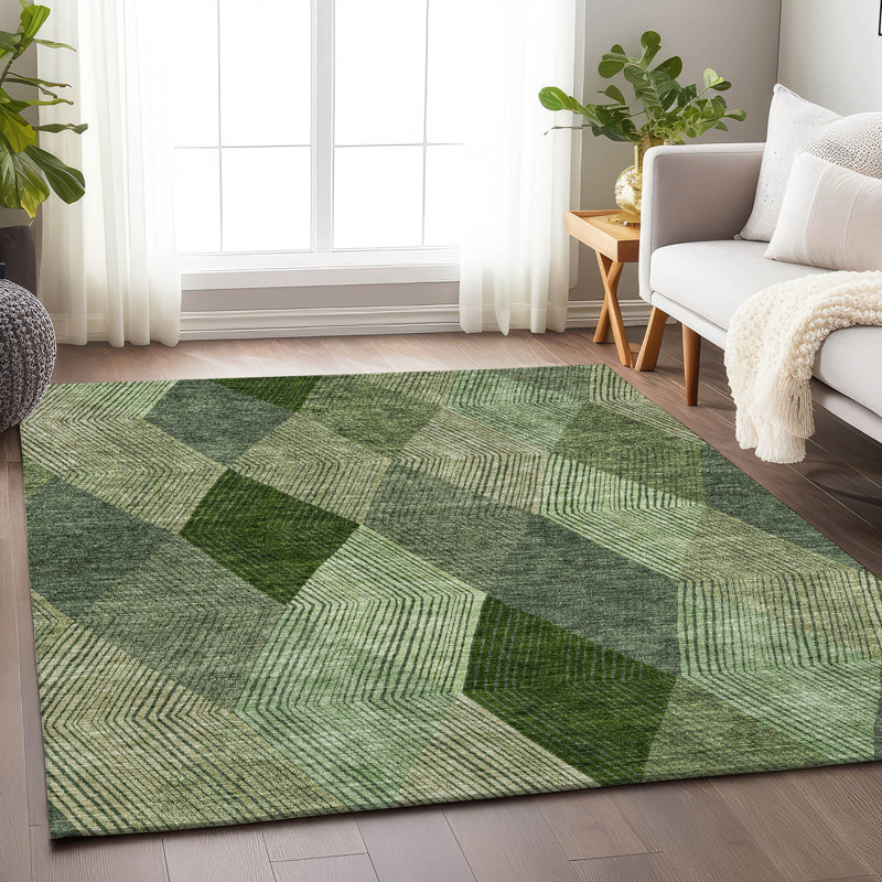 Premium Machine Washable Prisco Green Rug, Rectangle 8' x 10'