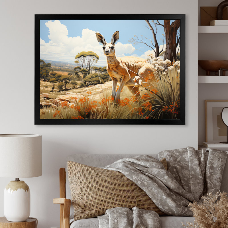 Kangaroo Bound Pastoral I - Animals Canvas Prints, 34" H x 44" W, Black Picture Framed