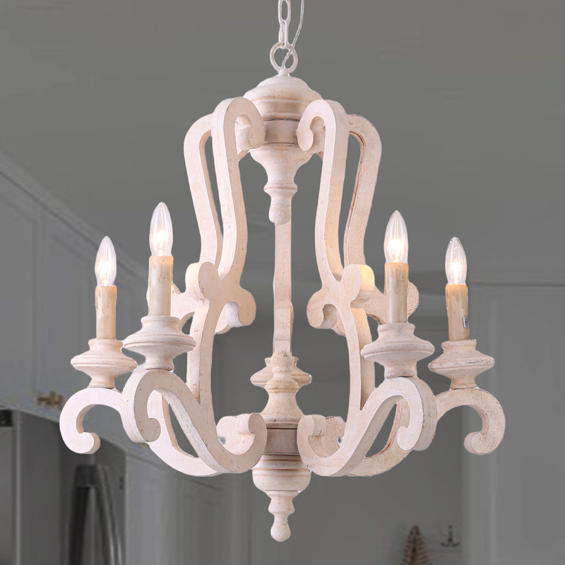 Farmhouse 5-Light Candle Style Empire Wood Accents Chandelier, Cream White