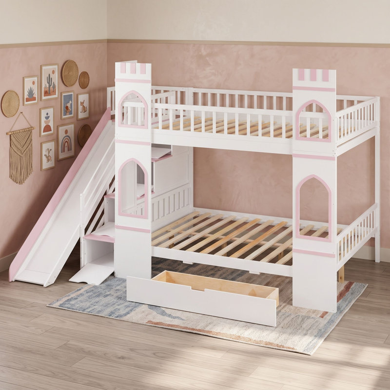Lit superposé standard en forme de maison de château avec glissade, escalier de rangement et grand tiroir sous le lit, Pink