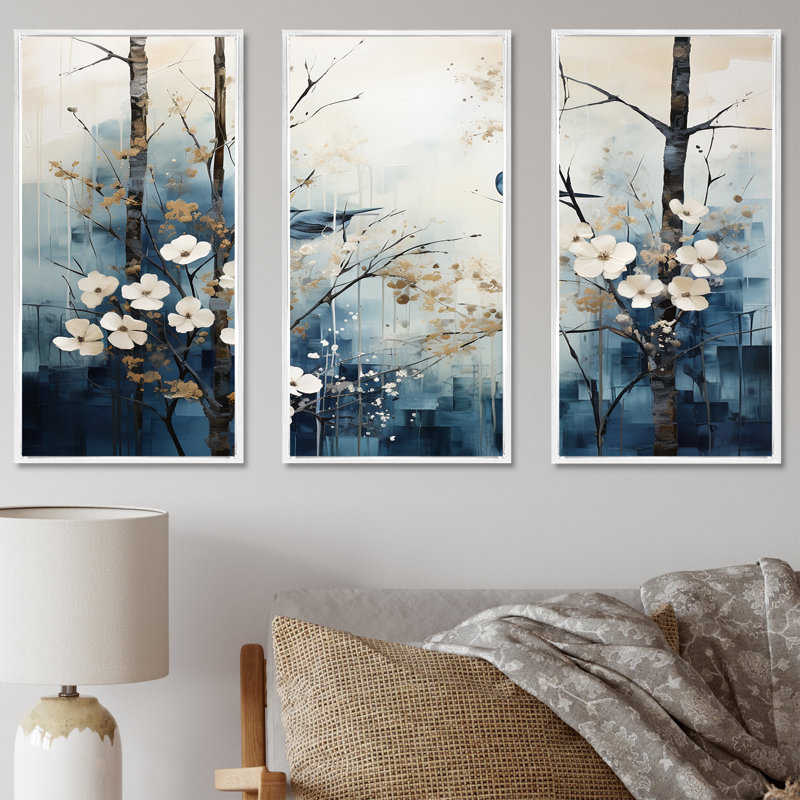 «Blue and White Forest Winter Harmony I», ensemble d'art sur toile, H 32 po x l 48 po x P 1 po, Cadre flottant blanc