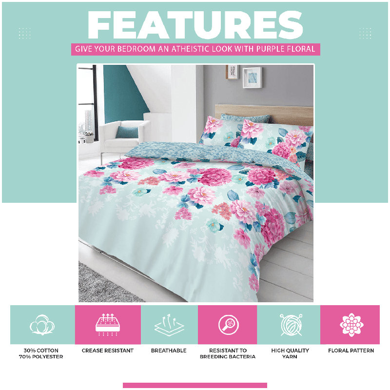 Cotton Blend Floral Duvet Cover with Pillowcases, Double Duvet Cover + 2 Standard Pillowcases