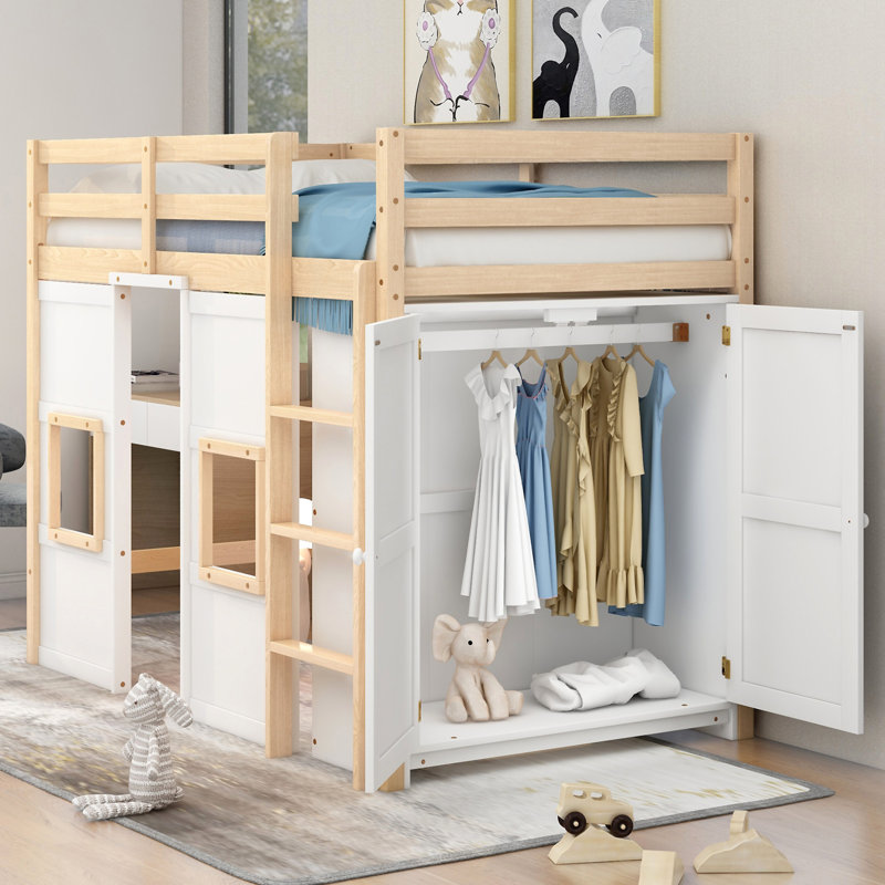 Lit mezzanine en bois avec garde-robe de rangement intégré et 2 fenêtres, Naturel / Blanc