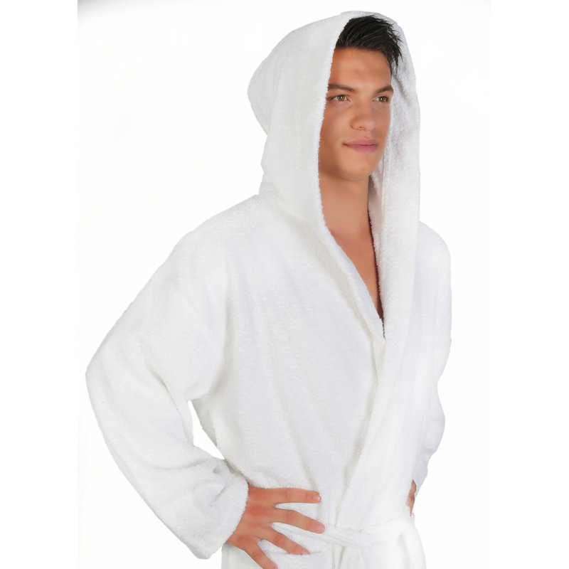 Peignoir mi-mollet 100% coton avec poches et capuche Clyda, Blanc, Très très grand