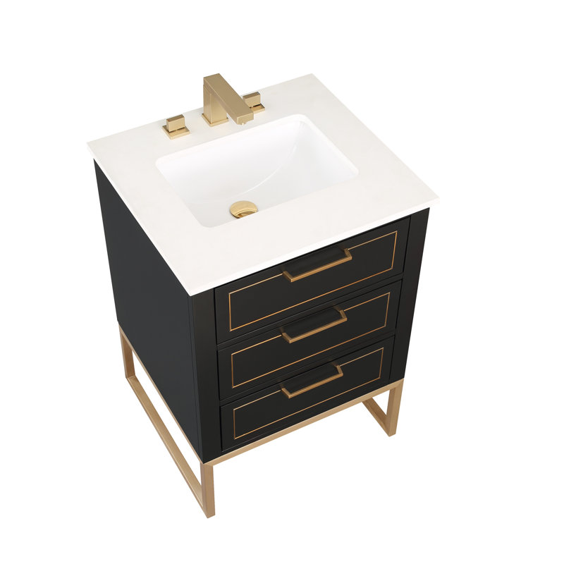 Markham 24'' W Single Vanity, White Quartz, Midnight Black, Satin Brass
