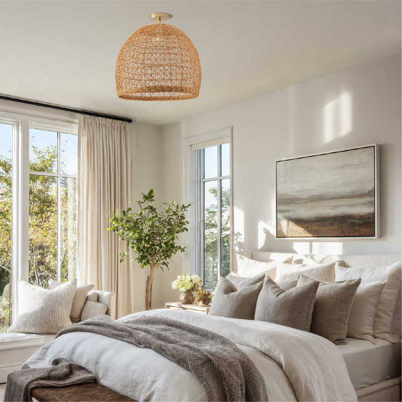 Lumiere Rattan Flush Mount – Large Rattan & Natural Dome 1-light Plug-in Handwoven Dimmable Ceiling Light For Dining Room Or Living Room In Farmhouse, Country, And Boho Style