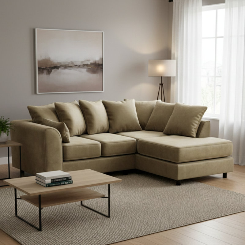 4 Seater Velvet Sofa & Chaise, Right, Beige