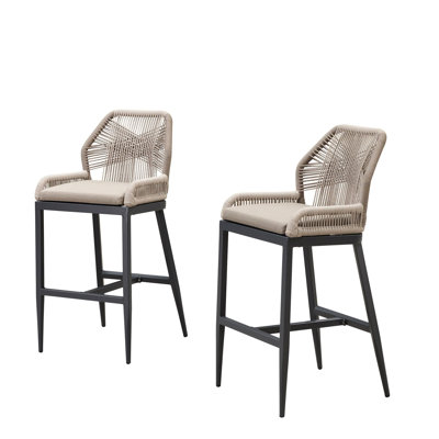 Purple Leaf Patio Upcycled Fabric Bar Stools 28" H Set Of 2 Handwoven Wicker Bar Height Stool Modern Aluminum High Bar Chairs Outdoor Wicker Barstools