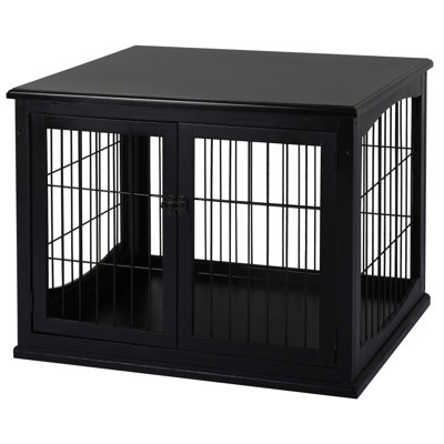 Small Dog Crate End Table, Black, Two Opening Sides, Lockable Door For Cheerful Indoor Puppy Kennel House, Charming Table , Black