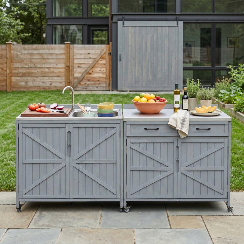Ensemble de cuisine d'extérieur 2 pièces pour îlot de cuisine en bois massif 2 pièces, Gris