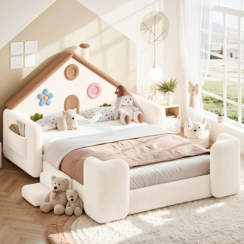 Lit de sol rembourré en bois avec longerons, tête de lit et sommier à lattes, Naturel beige