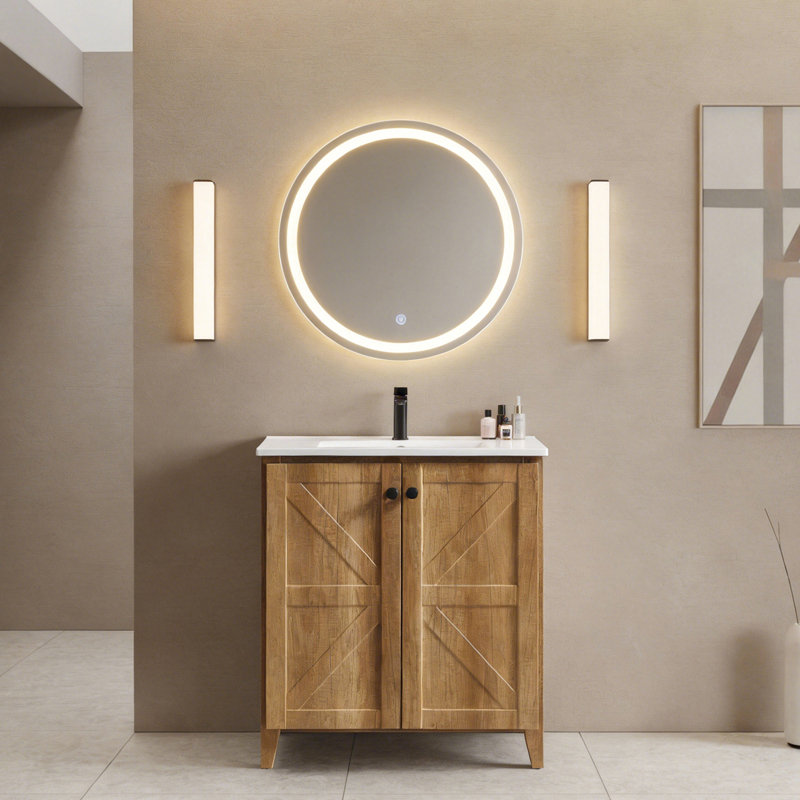 Meuble-lavabo en chêne doré de 76 cm avec lavabo en céramique - Montage facile, design élégant, matériaux de qualité, finition mate, charnières à ouverture fluide, panneaux texturés 3D, espace de rangement pliable, montage rapide, gain de place.