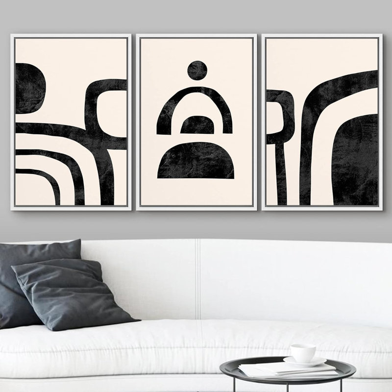 Noir et brun clair, demi-cercle, formes géométriques, art numérique, style Mid-Century, détente / calme, H 36 po x l 72 po