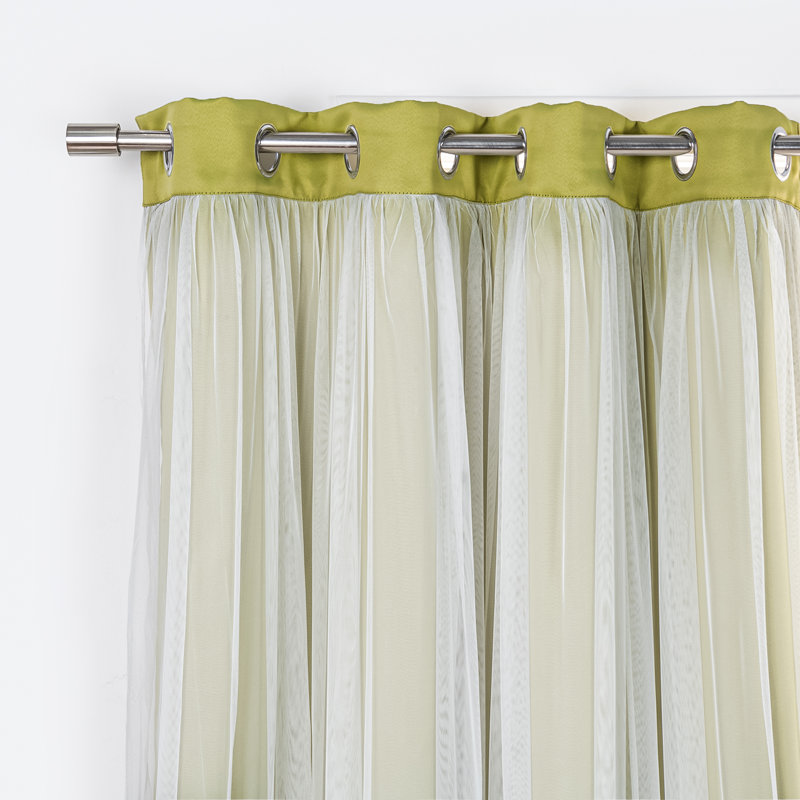 Fortuna Brockham Solid Tulle Overlay Room Darkening Grommet Curtain Panels, Sage, 52" W x 63" L