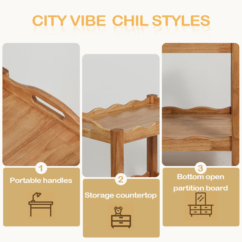 Table d'appoint roulante en bois d'hévéa massif, 2 niveaux avec roues verrouillables et plateau amovible, robuste et durable pour chariot de bar