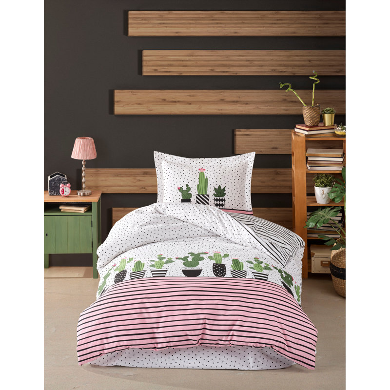 Ensemble de housse de couette 100% coton gris / vert, Housse de couette très grand + 2 taies d'oreiller